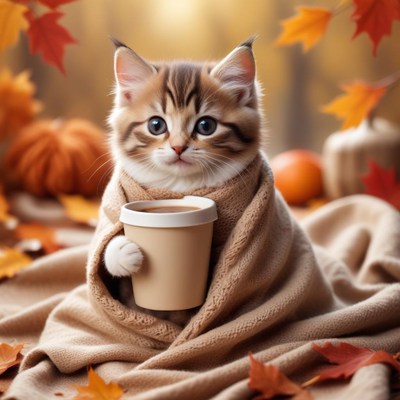 Cute cat wrapped in a blanket with a coffee cup