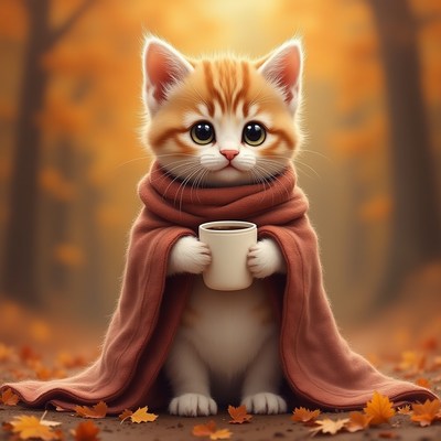 Cute kitten wrapped in a blanket enjoying warm drink