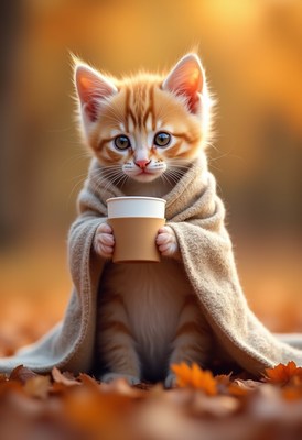 Cute kitten wrapped in a blanket holds a cup outdoors