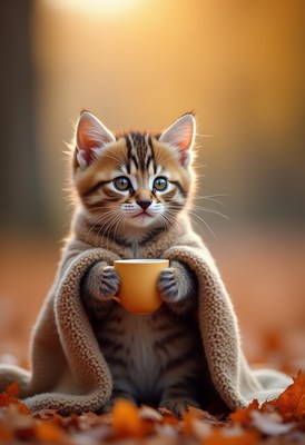Cute kitten wrapped in a blanket holding a cup