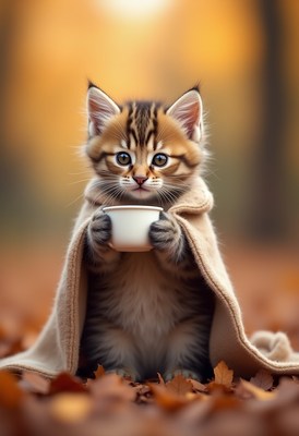 Cute kitten cuddled in a blanket with a cup in the forest