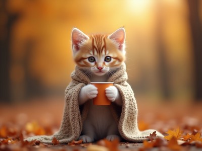 Cute kitten wrapped in a blanket holds a warm drink