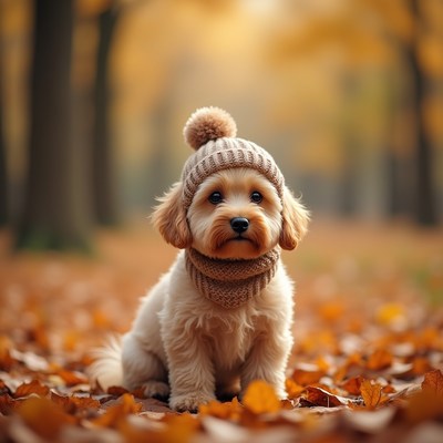 Cute dog wearing a knitted hat in autumn park setting
