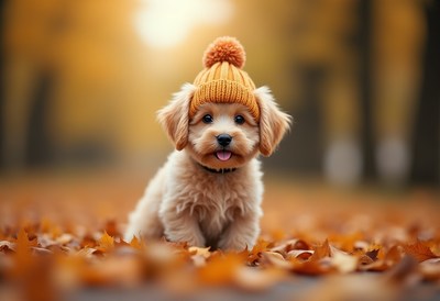 Cute puppy wearing hat in autumn leaves