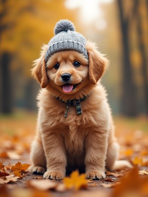 Cute puppy wearing a hat in autumn park