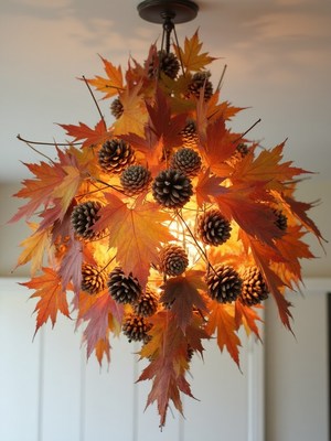 Creative autumn chandelier with leaves and pinecones