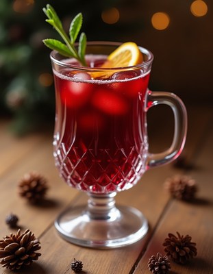 Refreshing drink with garnishes on a wooden table