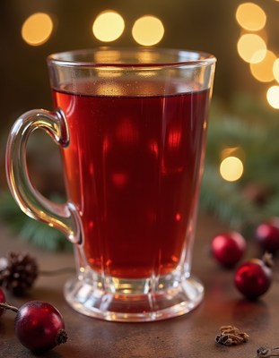 Warm drink in a glass with festive decorations nearby