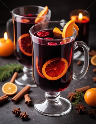 Warm festive drink with spices and citrus slices
