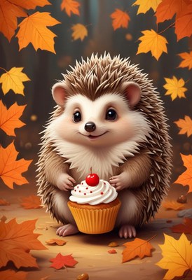 Cute hedgehog holds cupcake in autumn leaves scene
