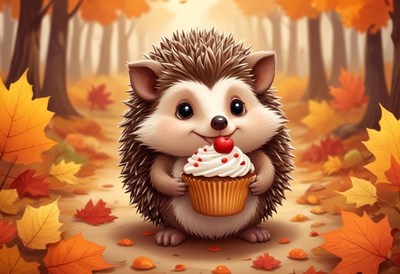 Sweet hedgehog enjoys cupcake in autumn forest path