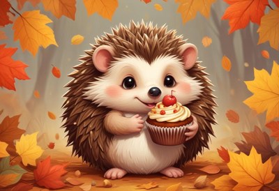 Cute hedgehog enjoying dessert in a fall setting