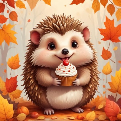 Cute hedgehog enjoying a cupcake in autumn leaves