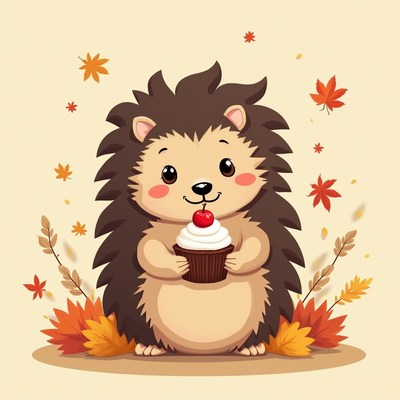 Cute hedgehog holding a cupcake in a fall setting