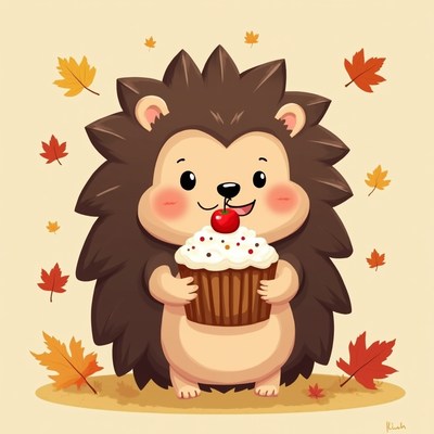 Cute hedgehog holds a cupcake during autumn time