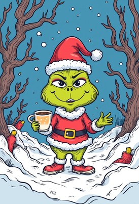 Grinch celebrates christmas in snowy forest setting