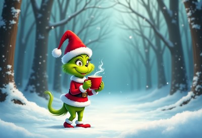 Grinch enjoying hot cocoa in snowy forest scene
