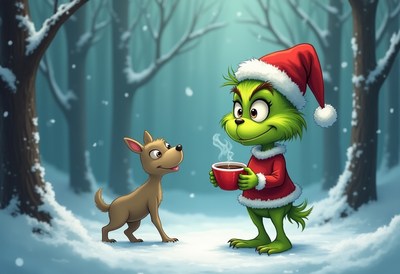 Grinch enjoys hot cocoa with his dog in winter woods