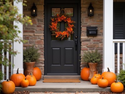 Fall decorations adorn a welcoming front door scene