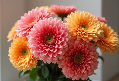 Colorful blooming gerbera daisies in a bright vase