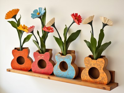 Colorful flower pots shaped like guitars on a shelf