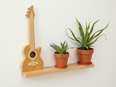 Decorative shelf with guitar and green plants