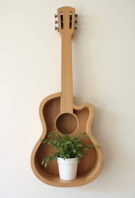 Wall-mounted wooden guitar shelf with a plant display