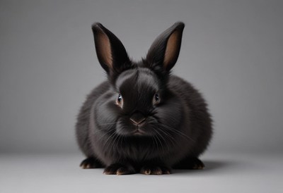 Black rabbit sitting calmly in a studio setting