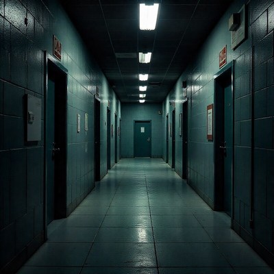 Dark and quiet corridor in a building at night