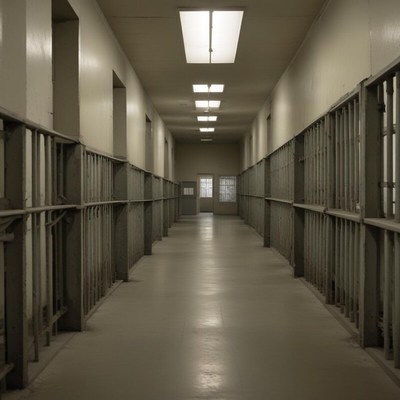 Long corridor in an old prison with open cell doors