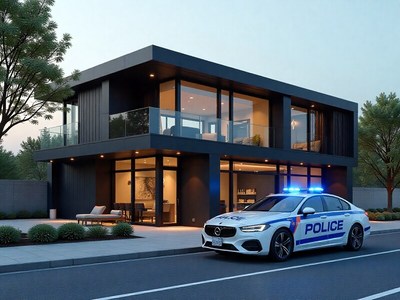 Police car parked outside modern house at dusk