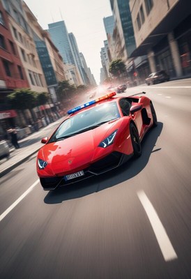 Bright red police car racing through city streets