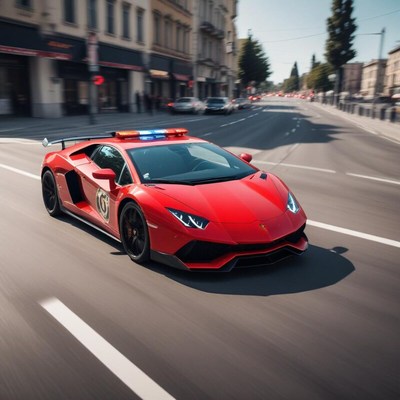Red sports car with lights speeds down city street