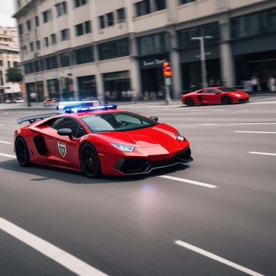 Police car racing down city street with bright lights