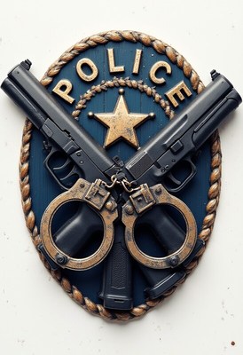 Police badge with handcuffs and guns shown prominently