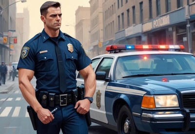 Strong police officer stands confidently in city street