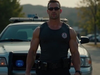 Strong police officer stands confidently by his patrol car