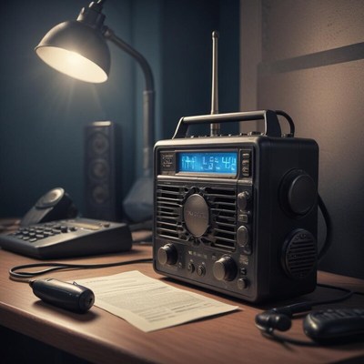 Classic radio on a desk with a lamp at night