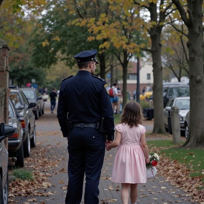 Officer walks with a girl on a fall afternoon
