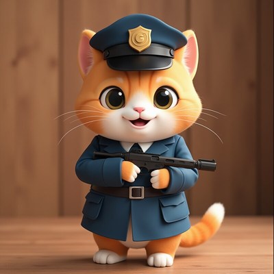 Cute cat dressed as police officer holding a toy gun