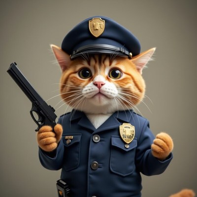 Cat dressed as a police officer with a toy gun
