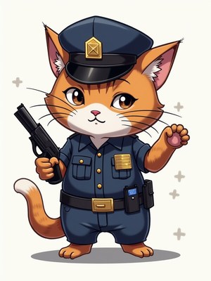 Cat dressed as a police officer holding a donut