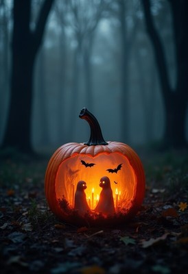 Spooky pumpkin scene with ghosts in a dark forest