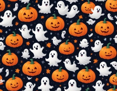 Spooky halloween pattern with ghosts and pumpkins