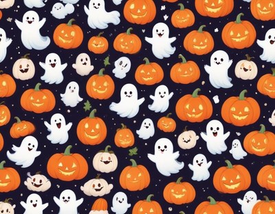 Colorful halloween pattern with ghosts and pumpkins