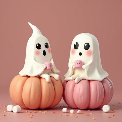 Cute ghost figures sitting on colorful pumpkins