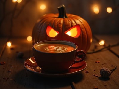 Warm coffee and spooky pumpkin create cozy atmosphere