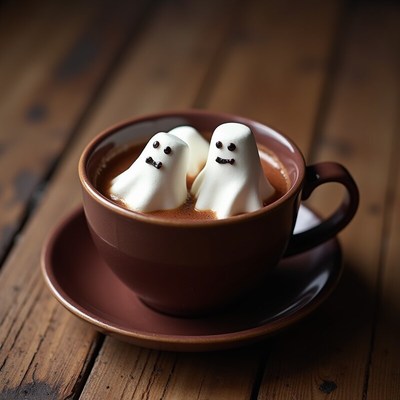 Ghost marshmallows floating in hot chocolate on a table