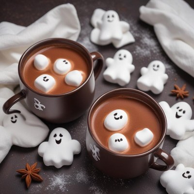 Spooky treats with ghost marshmallows and hot chocolate