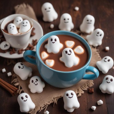 Enjoying spooky hot cocoa with ghost marshmallows